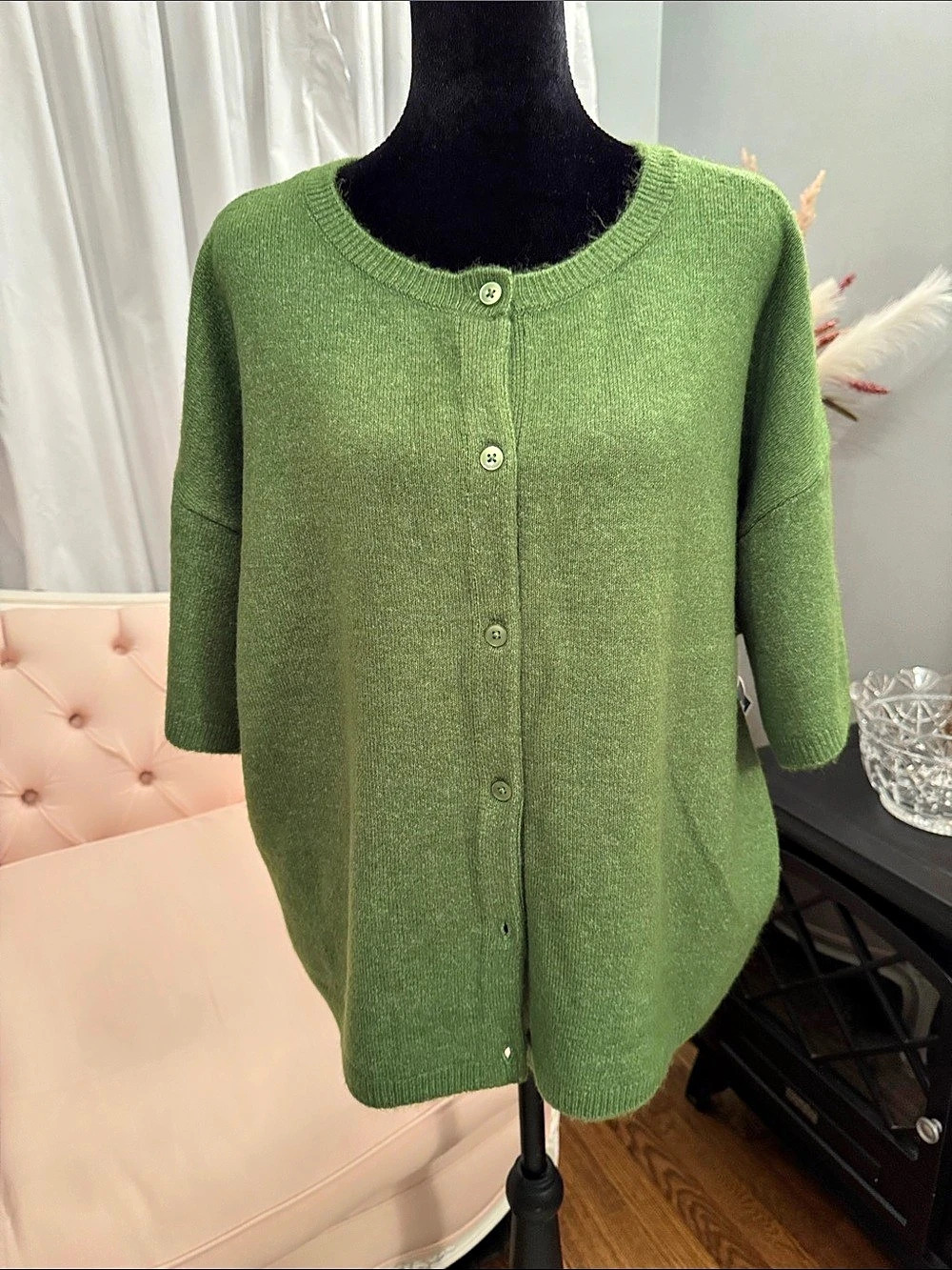 CeCe Short Sleeve Button Front Cardigan Green XL
